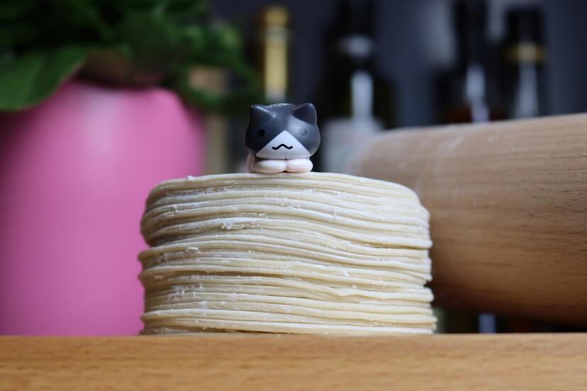 homemade gyoza wrappers piled up on a board with a cat miniature on top.