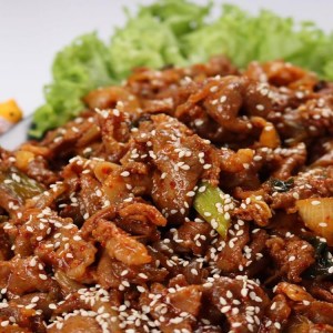 korean pork butt marinated in a spicy sauce made with gochugaru, jam, soy sauce, fish sauce, sugar.