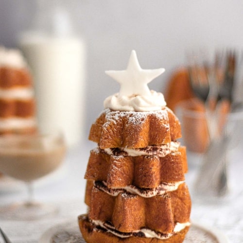 christmas tiramisu dessert made with pandoro, mascarpone, coffee, baileys plated on a table.