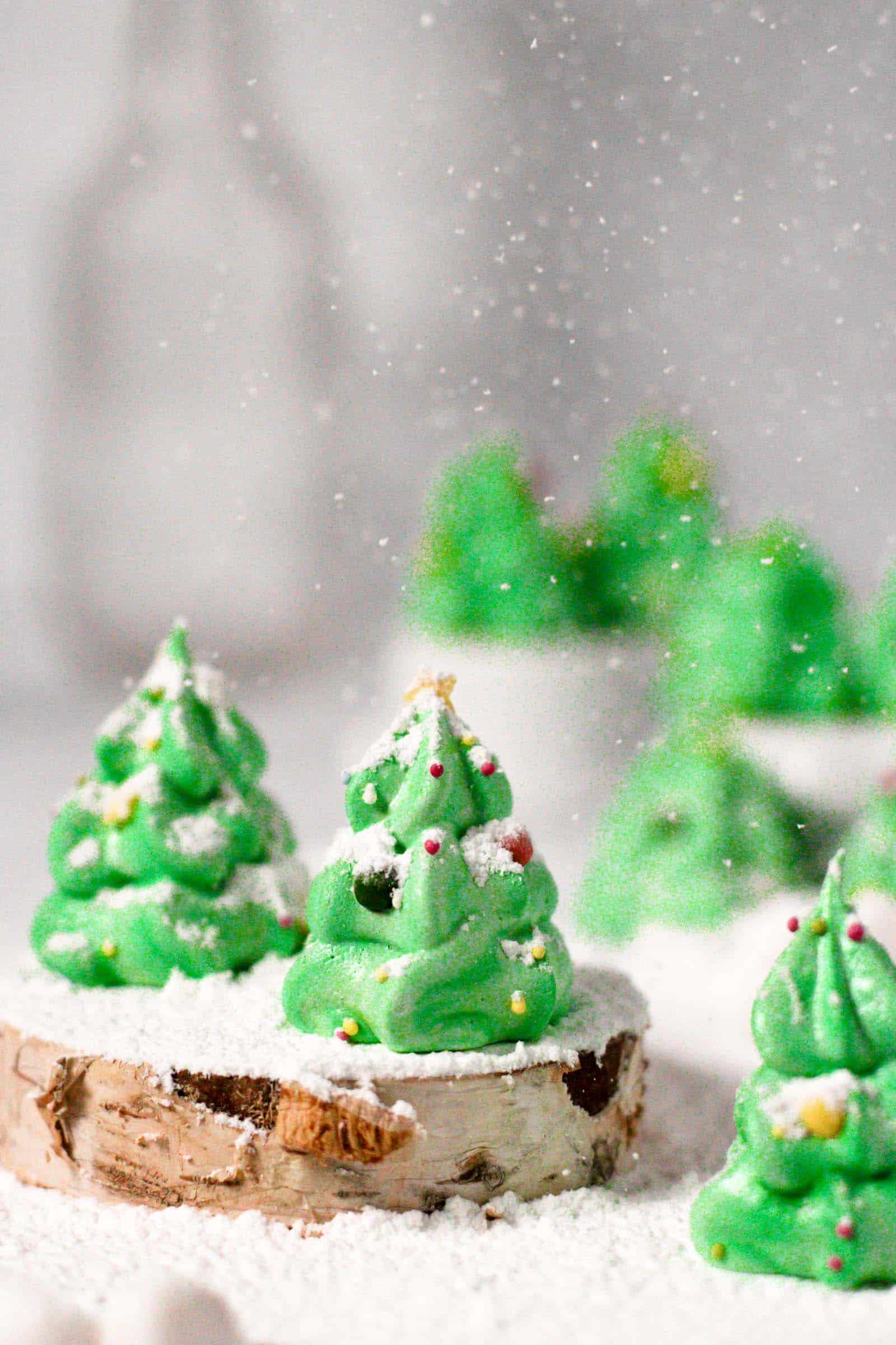 christmas tree meringue made with a swiss meringue and sprinkled with sugar decoration