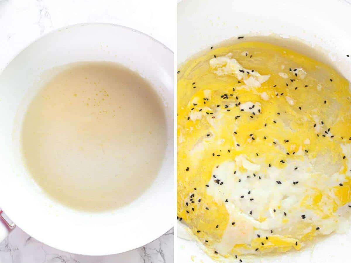 jianbing crepe cooking in a pan