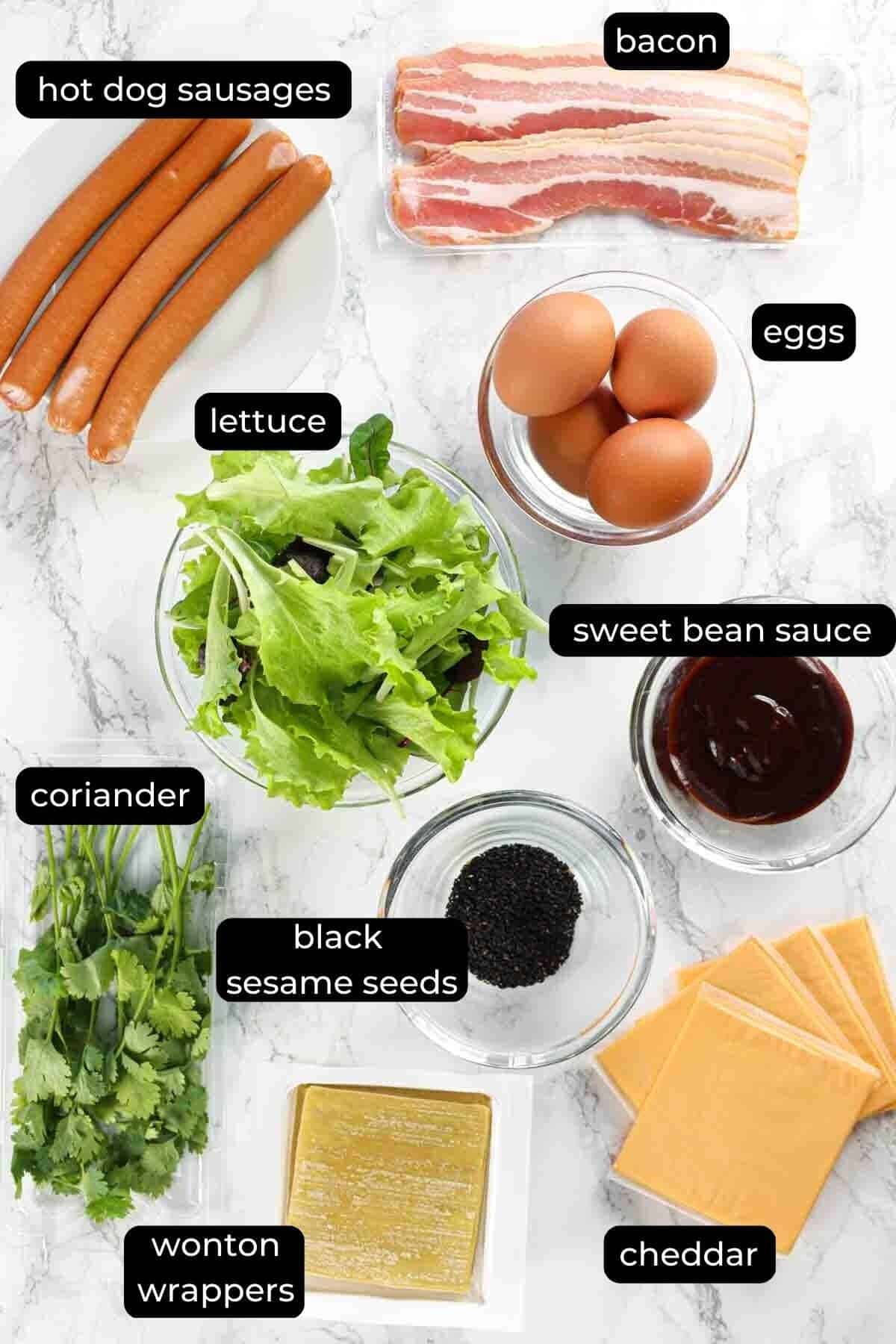 ingredients for the filling of jianbing guozi (chinese breakfast crepes)
