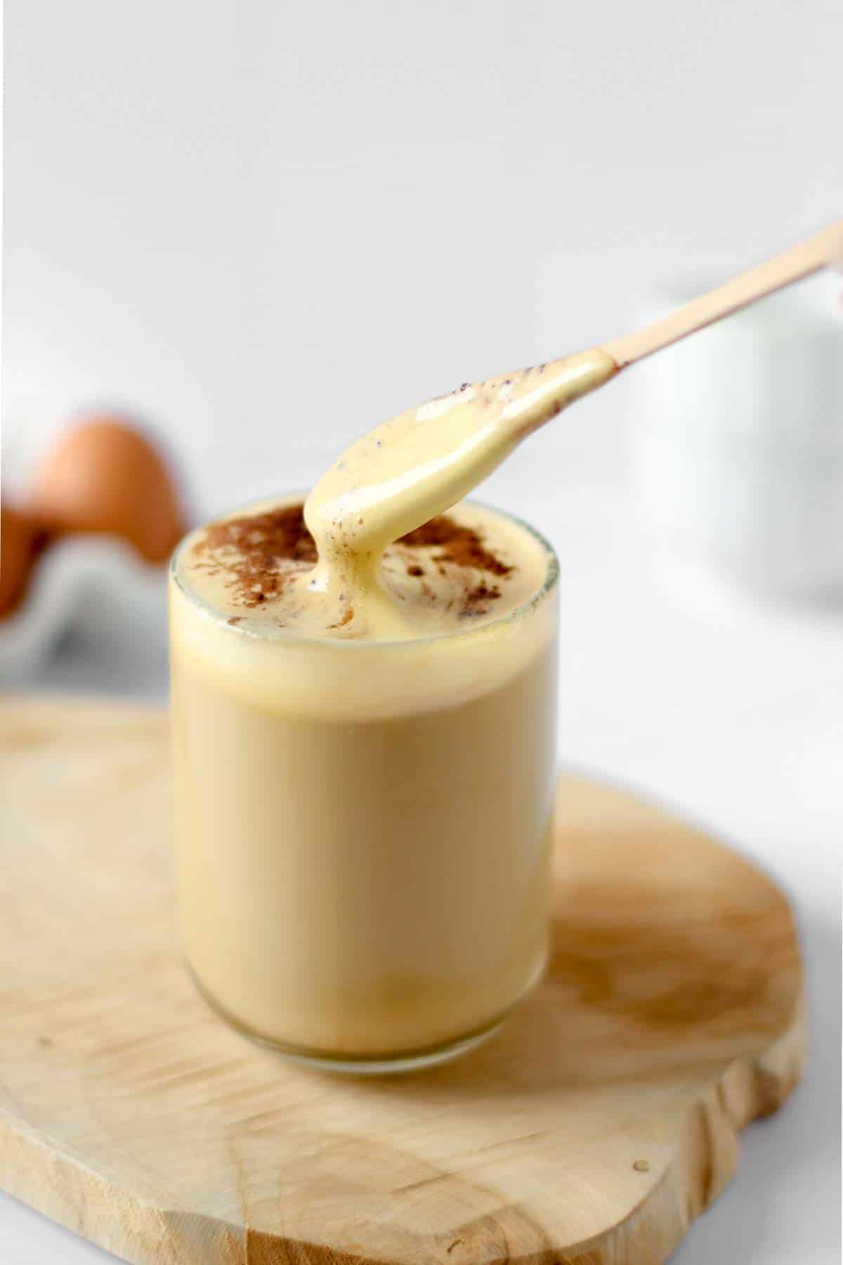 Vietnamese egg coffee made with an espresso shot, milk and foam made with an egg yolk