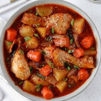 dakdoritang, dakdoritang spicy korean chicken stew in a big bowl