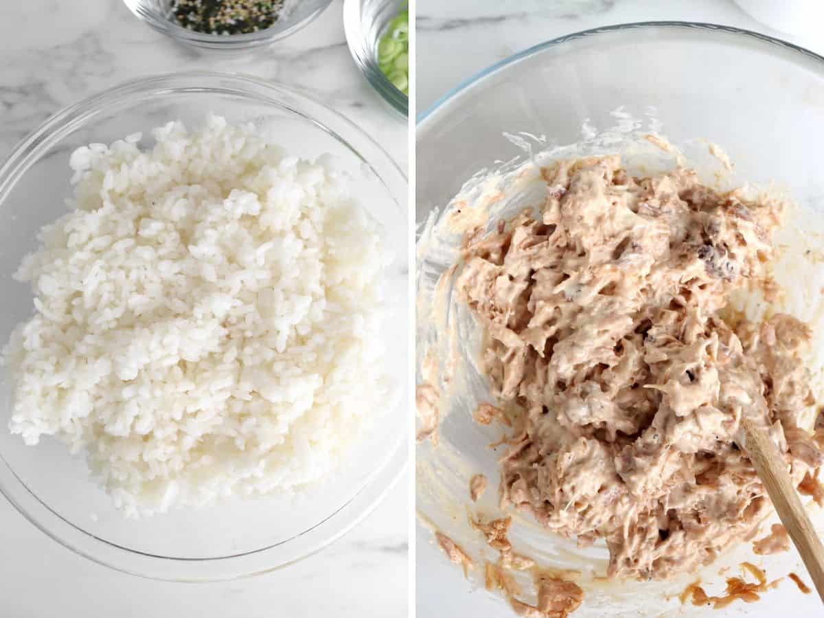 2 photos of salmon sushi bake step by step