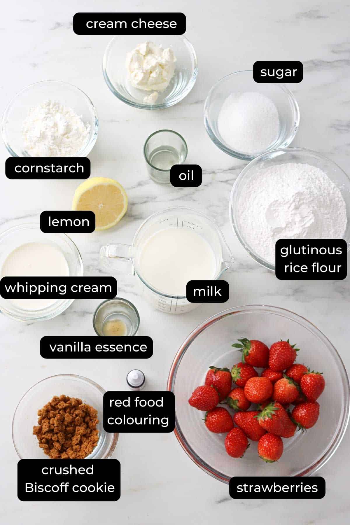 strawberry cheesecake mochi ingredients on a table