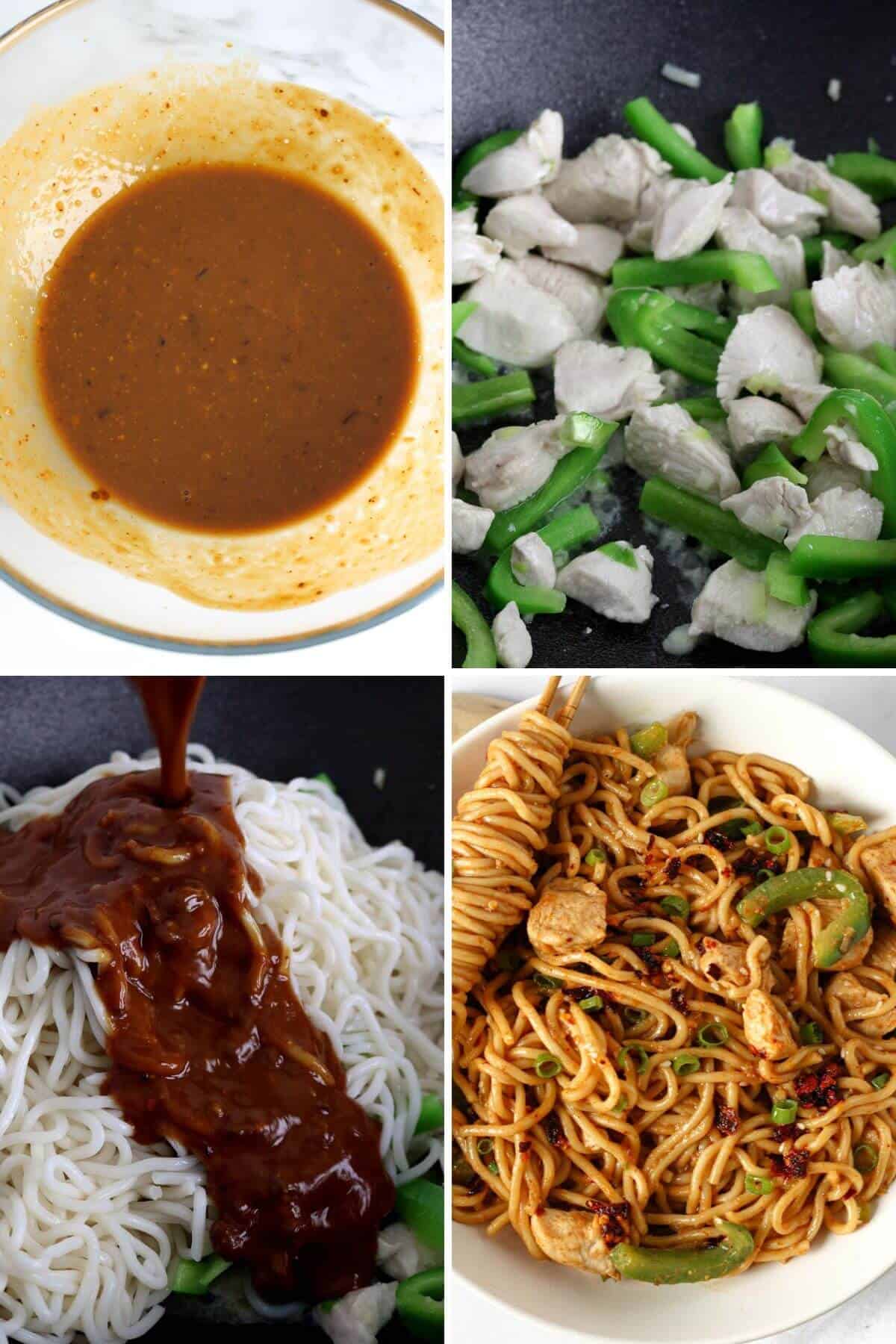 4 photos showing how to make spicy peanut butter noodles step by step