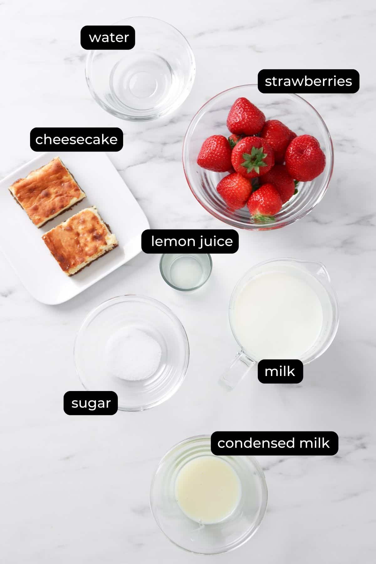 strawberry bingsu ingredients on a table