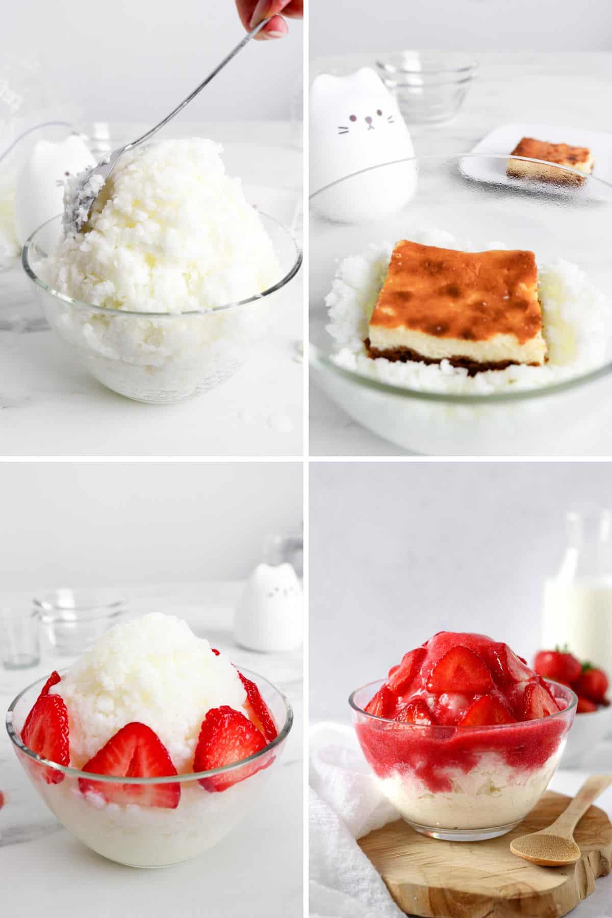 4 photos showing how to assemble a strawberry bingsu