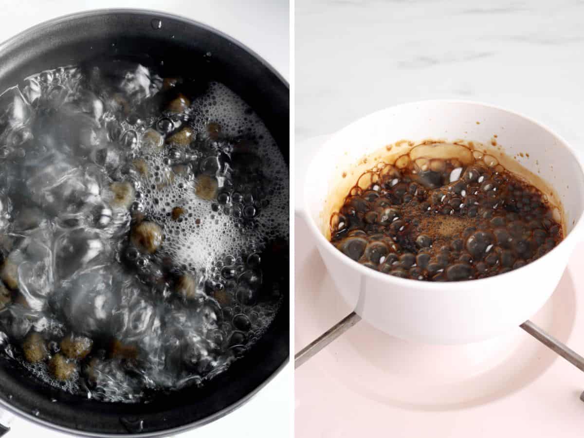 2 photos showing how to cook boba pearls