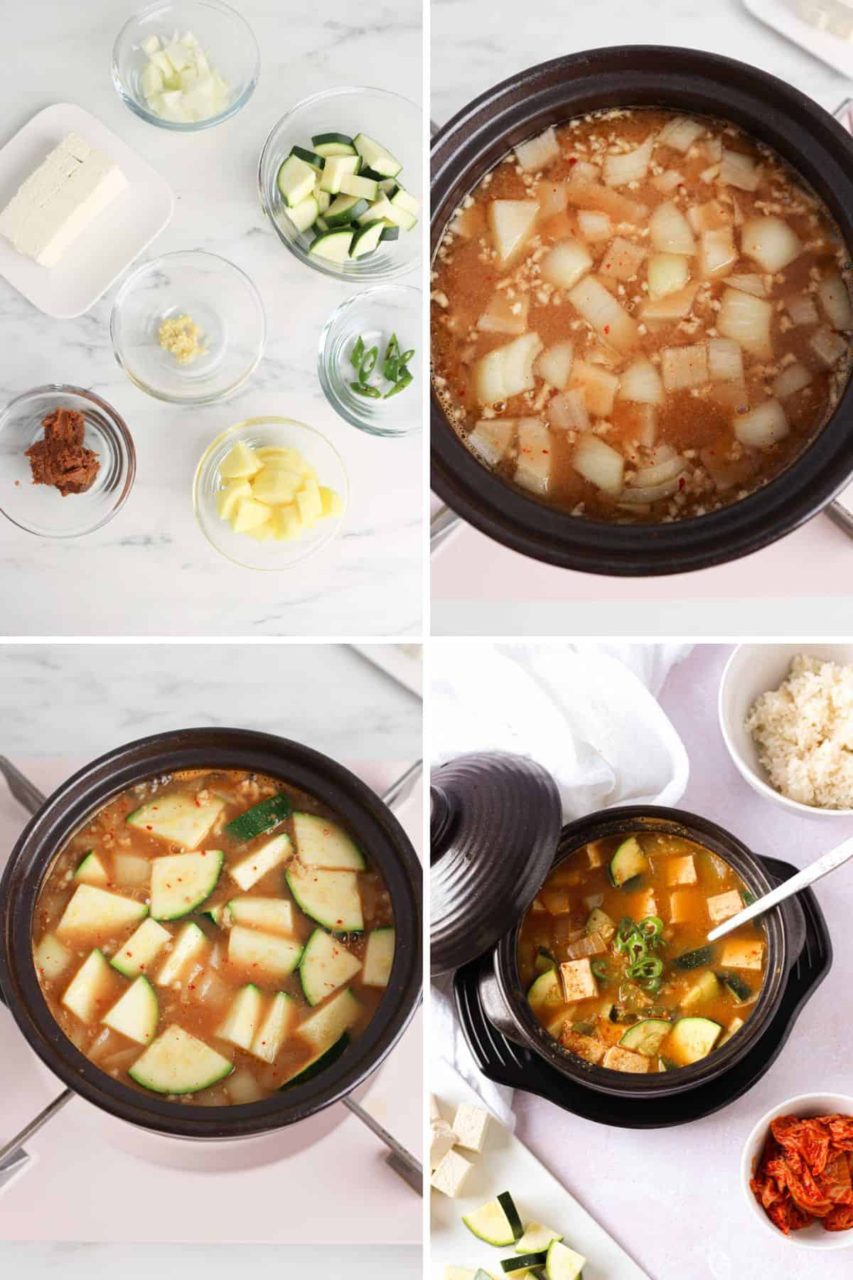 4 photos showing how to make the perfect doenjang jjigae step by step