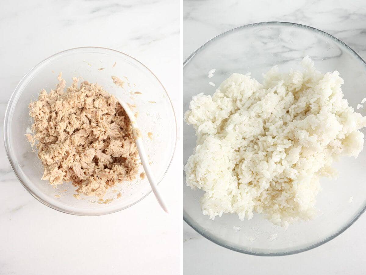 two step by step photos showing how to make tuna mayo and rice for jumeokbap