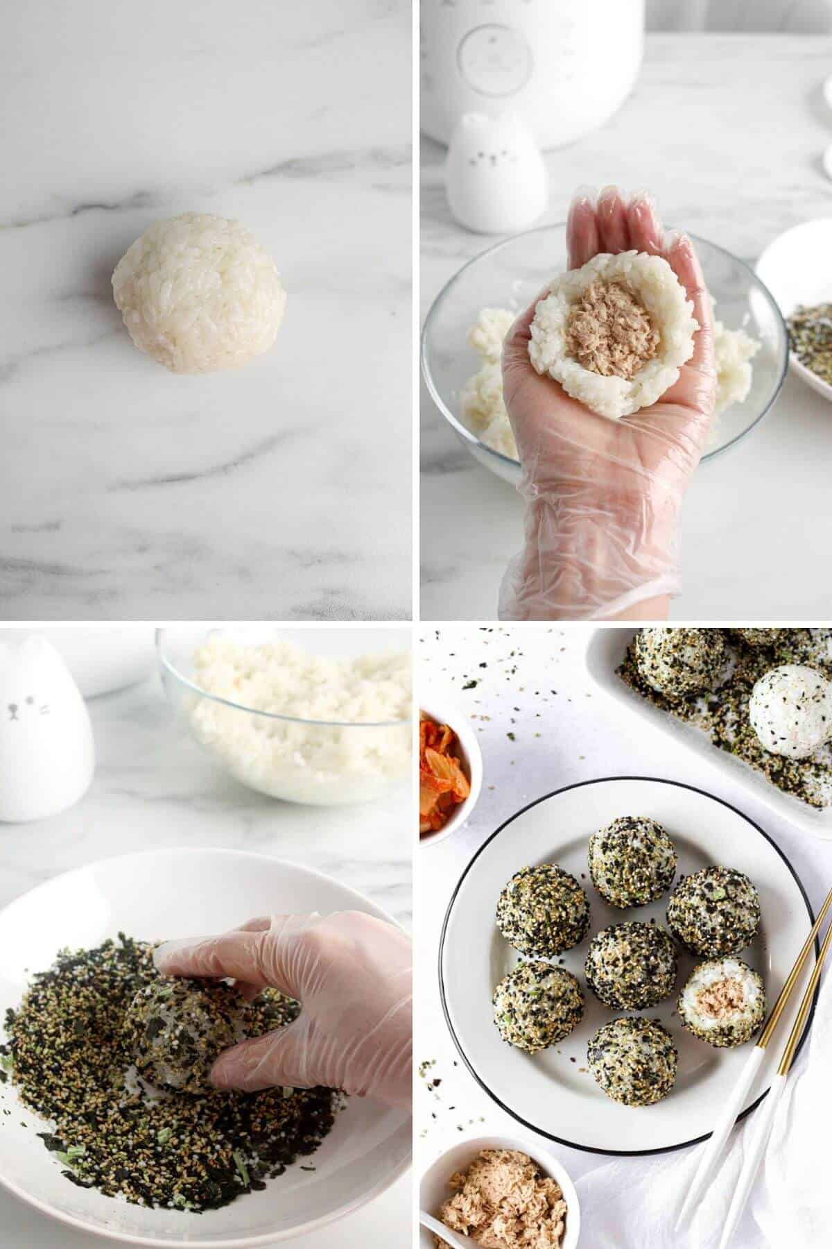 four photos showing how to shape korean rice balls