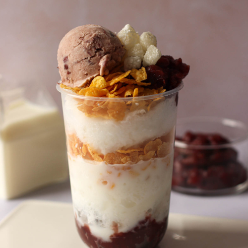 cup bingsu made of Korean red bean paste, milk ice, cereals, bingsu tteok and azuki ice cream.