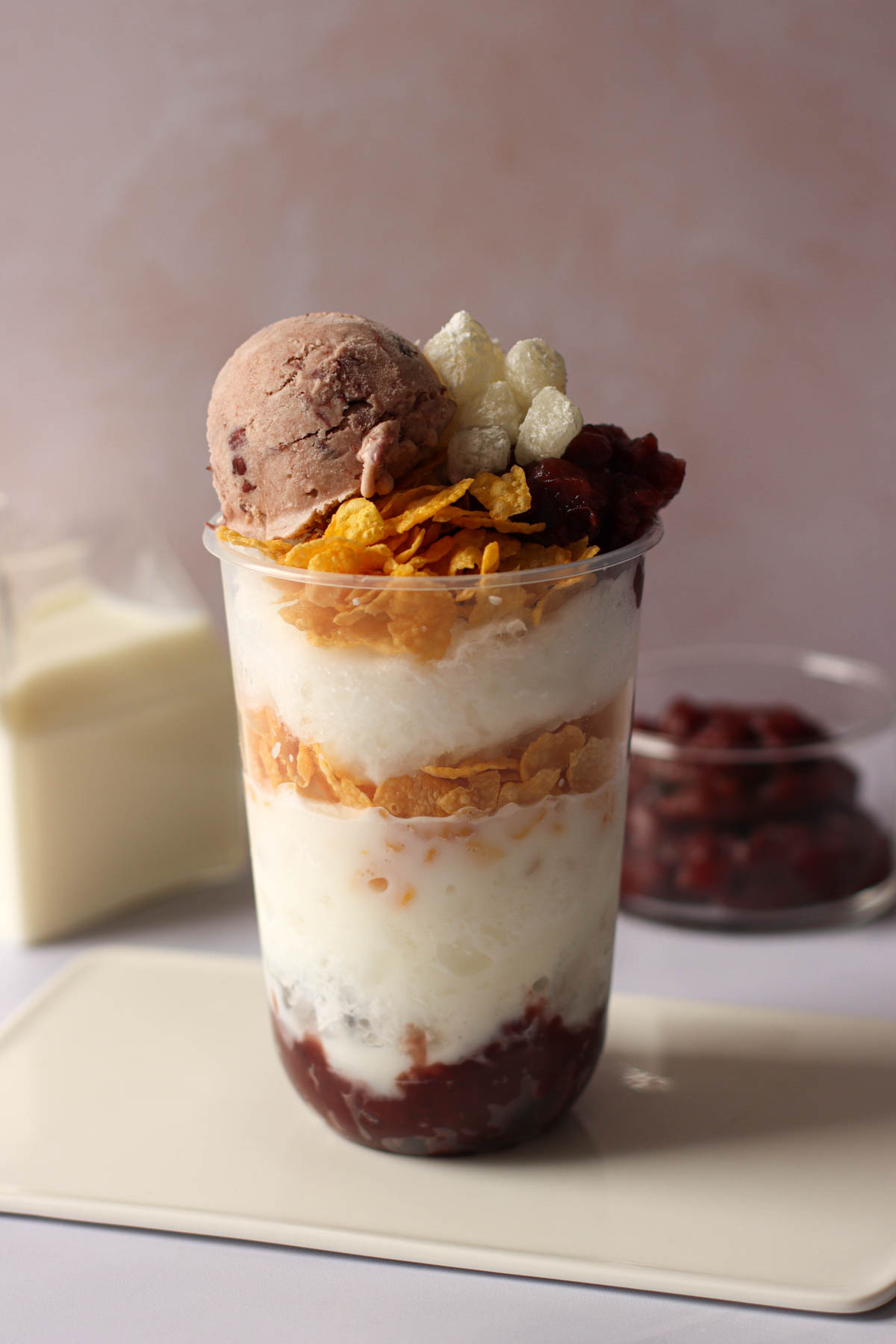 cup bingsu made of Korean red bean paste, milk ice, cereals, bingsu tteok and azuki ice cream.