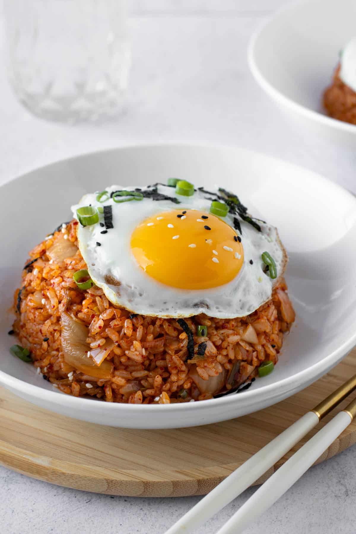 kimchi fried rice-1 kimchi fried rice dome with a fried egg on top.