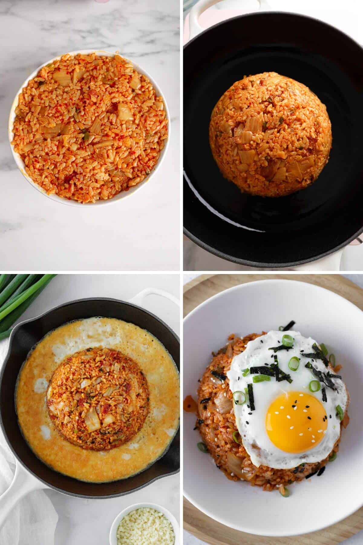 kimchi fried rice step by step showing how to plate it two ways.