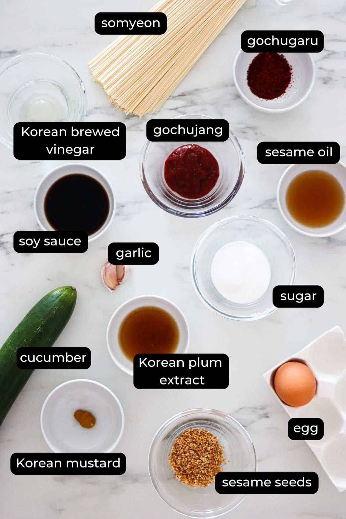 ingredients to make bibim guksu.