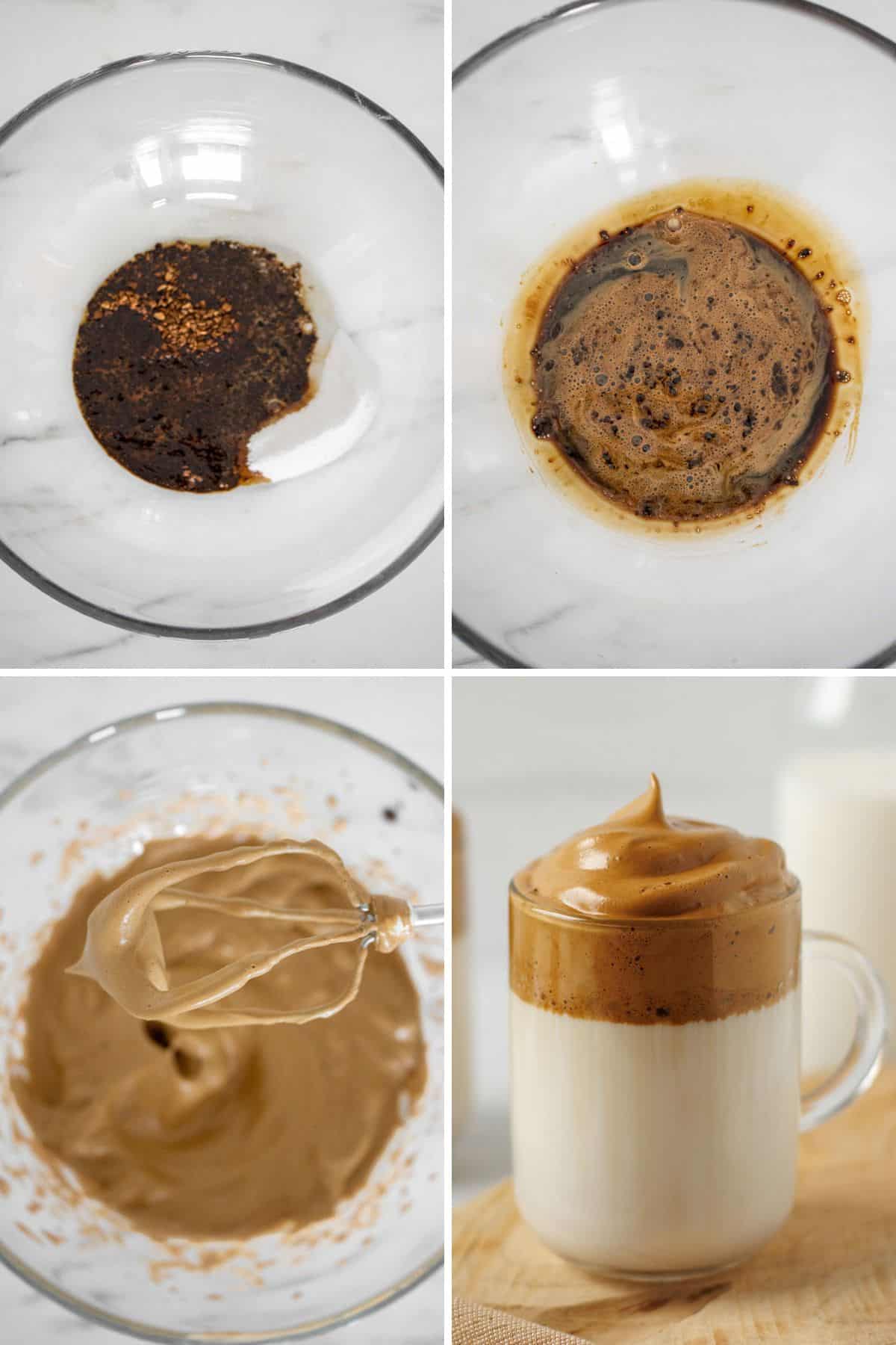 how to make dalgona coffee, four photos step by step.